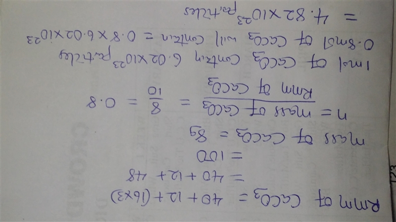 Calculate the amount of substance in 8g of CaCO3​-example-1