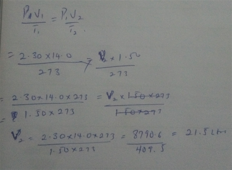 1. An ideal gas at a pressure of 2.30 atmospheres occupies a volume of 14.0 liters-example-1