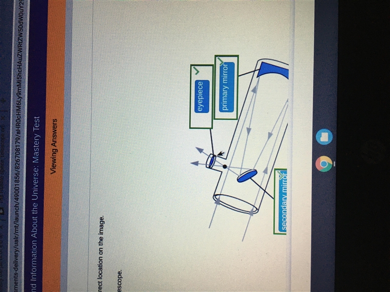 HELP! Identify the parts of the telescope. -primary mirror - secondary mirror - eyepiece-example-1