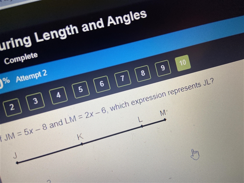 If JM = 5x - 6 and LM = 2x - 6 , which expression represents JL ?-example-1