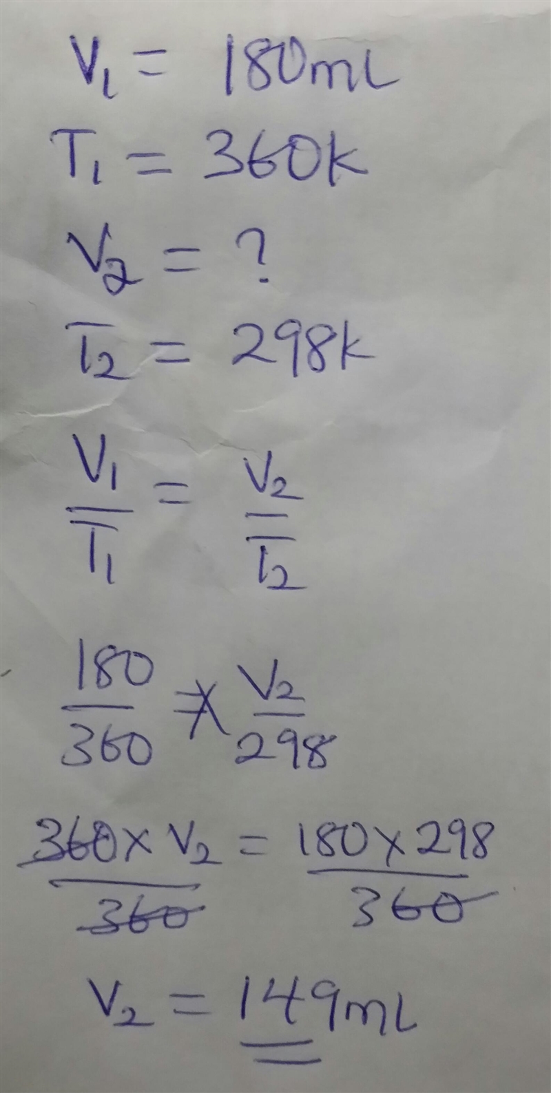 At 180.0mL volume of gas is measured at 360k if the pressure remains unchanged, what-example-1