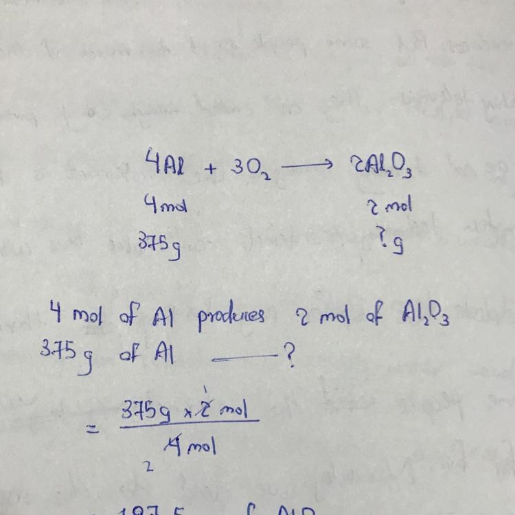 4Al + 3O2 → 2Al2O3 In this chemical reaction, how many grams of Al2O3 will be produced-example-1