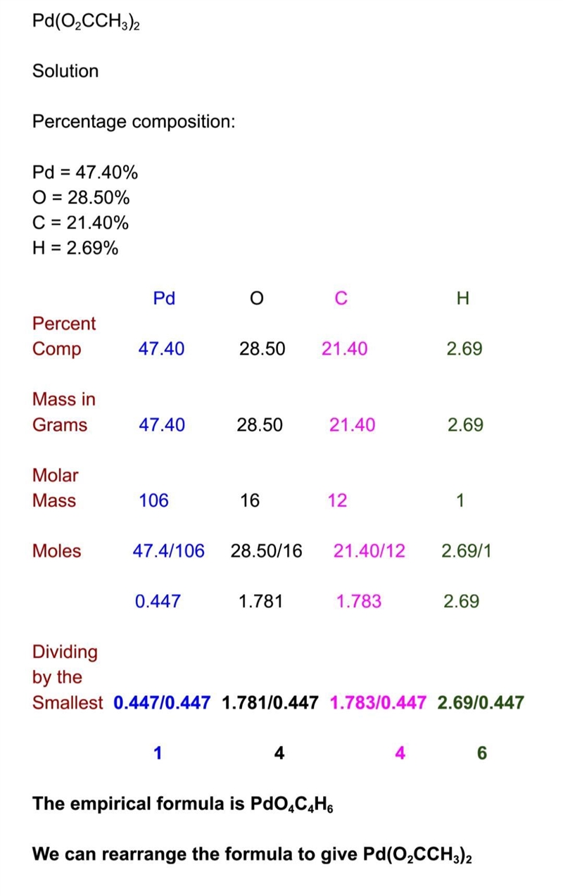 A compound has the percent composition 47.40% Pd, 28.50% O, 21.40% C, and 2.69% H-example-1