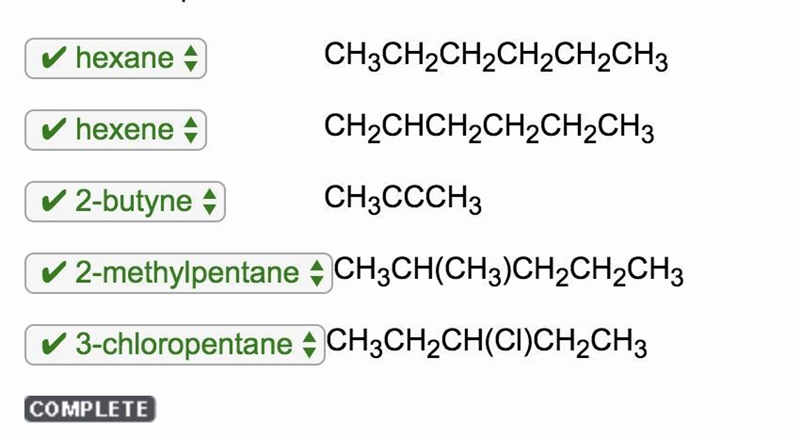 Use the drop-down menus to select the correct name for each of the organic compounds-example-1