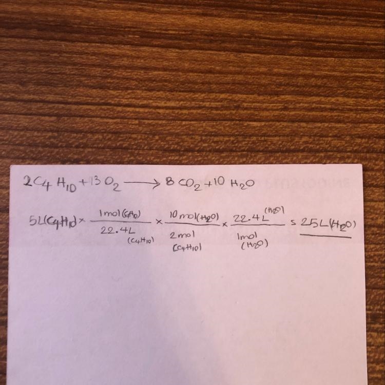 How many liters of water can be produced from 5.0 liters of butane gas at STP, assuming-example-1