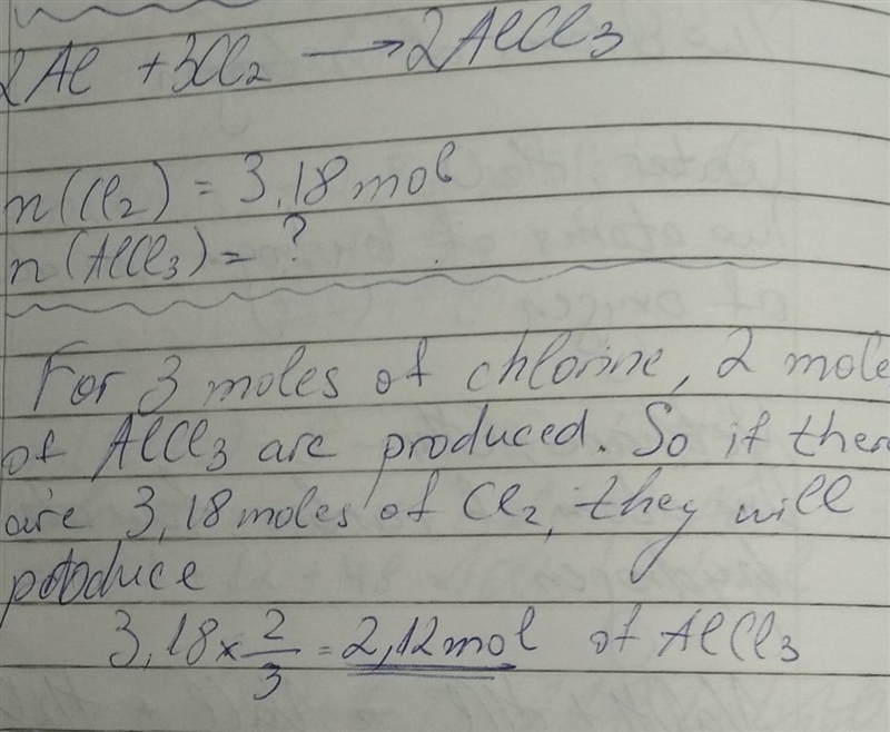 when 3.18 mole of chlorine reacts with excess aluminum, how many mole of aluminum-example-1