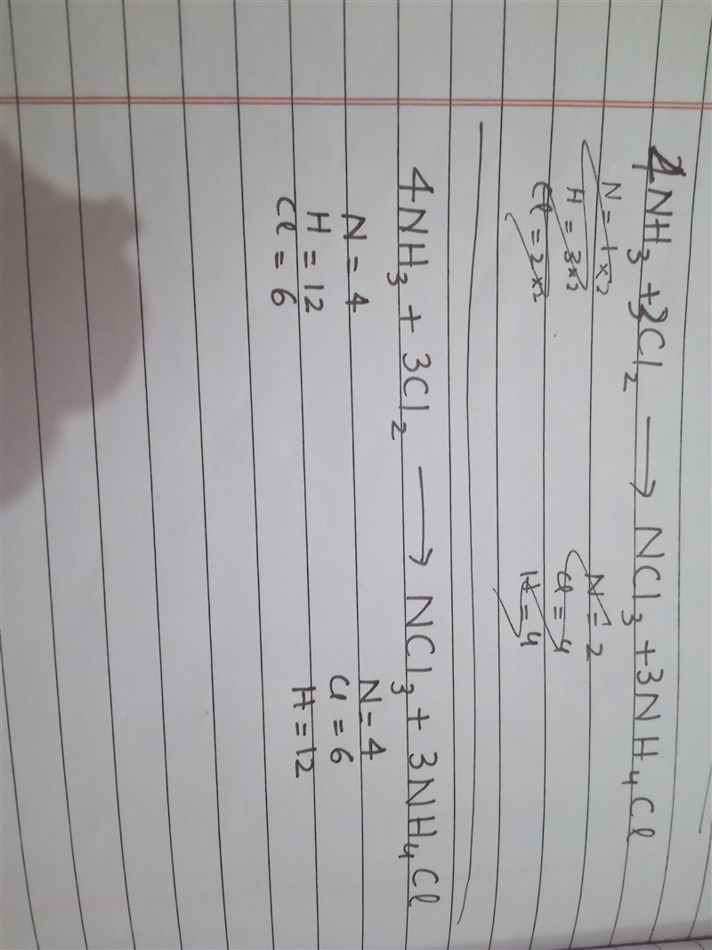 NH3 + Cl2 NCL3 + NH4CL balanced equation-example-1