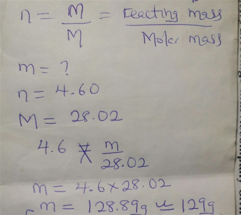 The molar mass of nitrogen (N2) is 28.02 g/mol. What is the mass, in grams, of 4.60 mol-example-1