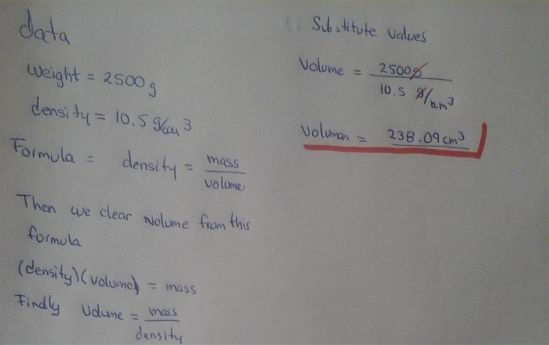 What is the volume of silver metal will weigh exactly 2500.0g. The density of silver-example-1