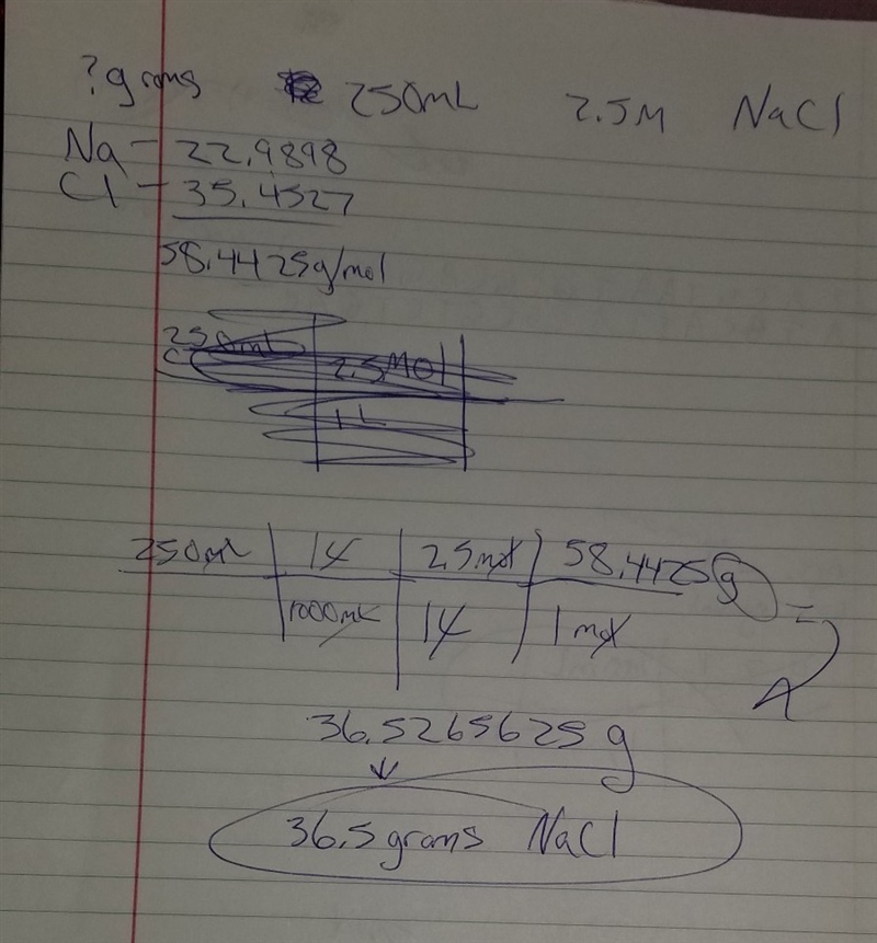 How many grams of sodium chloride are in 250mL of a 2.5M NaCI solution-example-1