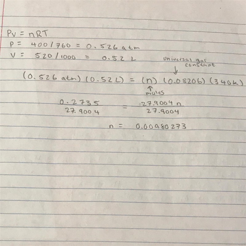 How many moles of gas Does it take to occupy 520 mL at a pressure of 400 torr and-example-1