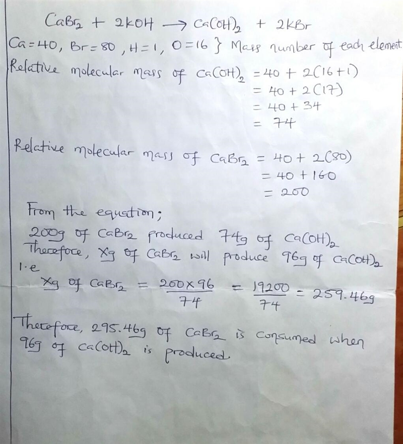 (2) Given the following reaction: CaBr2 + 2 KOH ------> Ca(OH)2 + 2 KBr What mass-example-1