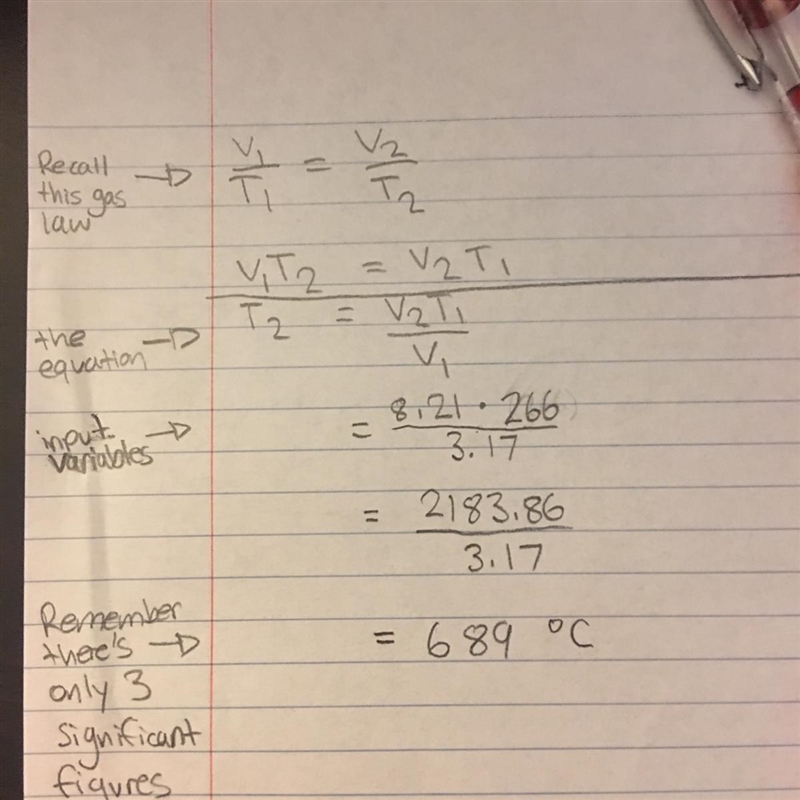 A sample of gas at 266 ◦C has a volume of 3.17 L. The volume expands to 8.21 L due-example-1