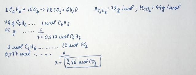 How many moles of CO2 are produced when 45.0g of C6H6 react completely in the following-example-1