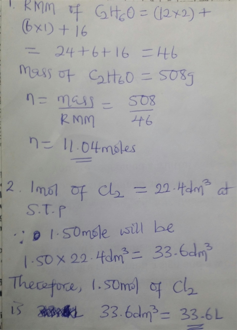 I NEED HELP ASAP!!!!! 1. Find the number of moles in 508 g of ethanol (C2H6O). 2. Calculate-example-1