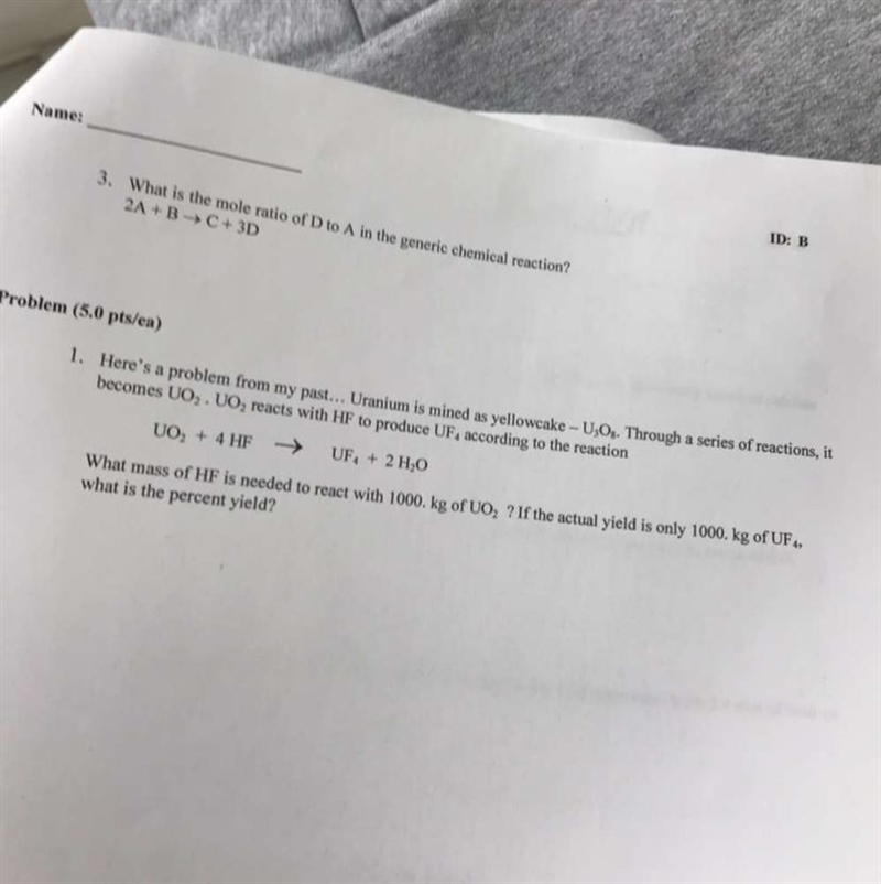 What is the mole ratio of D to A in the generic chemical reaction? 2A+B—C+3D-example-1