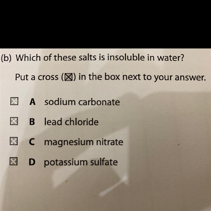 Which of these salts is insoluble in water? 1. Sodium carbonate 2. Lead chloride 3.magnesium-example-1