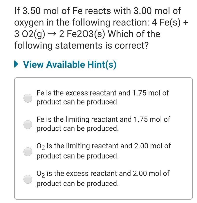 If 3.50 mol of Fe reacts with 3.00 mol of oxygen in the following reaction: 4 Fe(s-example-1