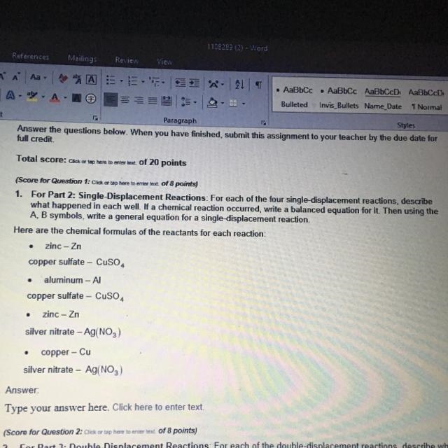 For each of the four single-displacement reactions, describe what happened in rachel-example-1