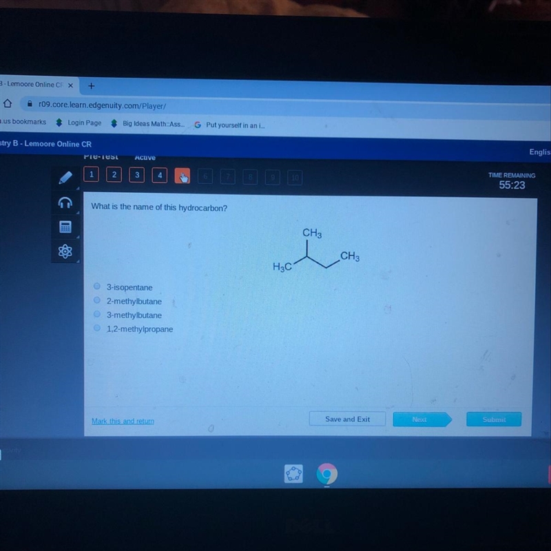 What is the name of this hydrocarbon? CH3 ( CH, 3-isopentane 2-methylbutane 3-methylbutane-example-1