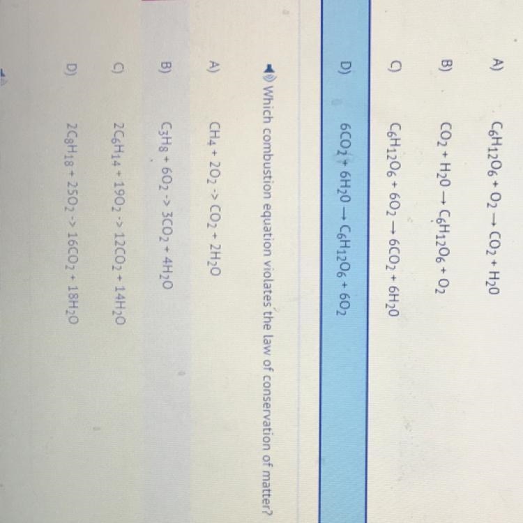 Which combustion equation violates the law of conservation of matter?-example-1