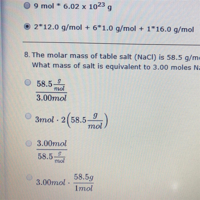 The molar mass of table salt (NaCI) is 58.5 g/mol. What mass of salt is equivalent-example-1