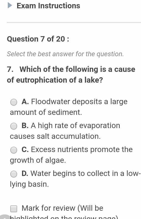 Which of the following is a cause of eutrophication of a lake? ​-example-1