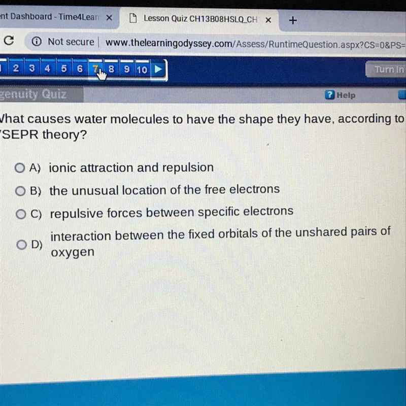 What causes water molecules to have the shape they have according to VSEPR theory-example-1