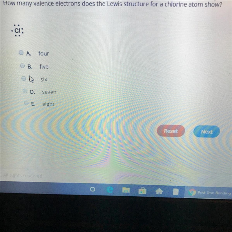 How many valence electrons does the Lewis structure for a chlorine atom show-example-1