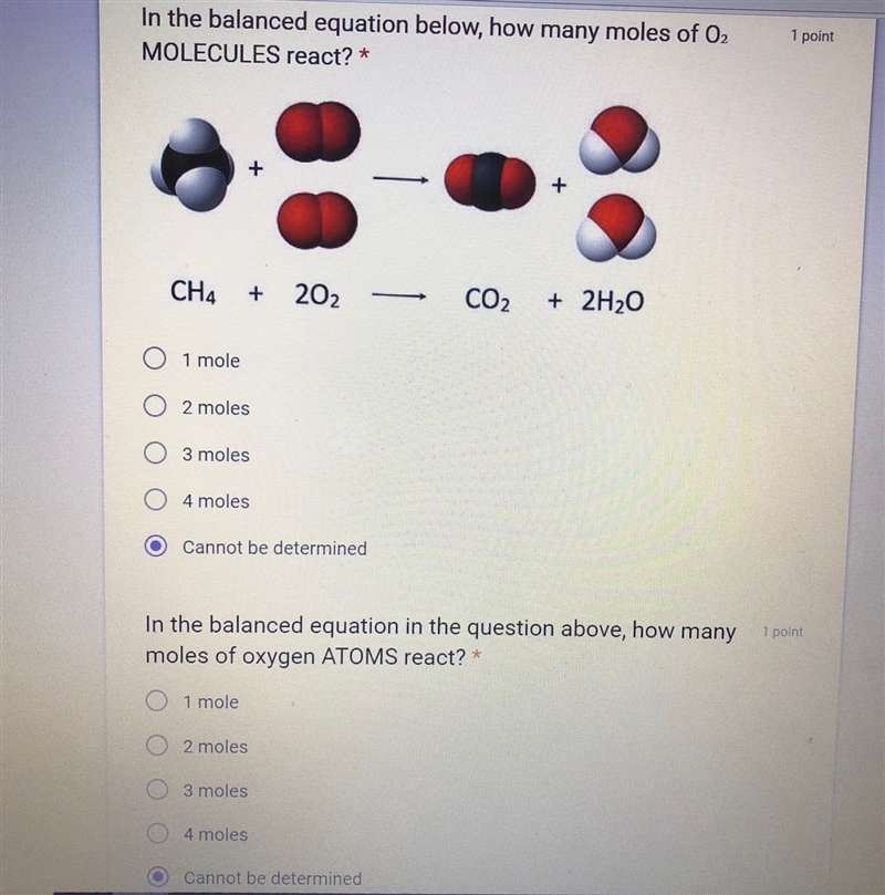 In the balanced equation (picture included) how many moles of O2 MOLECULES and O2 ATOMS-example-1