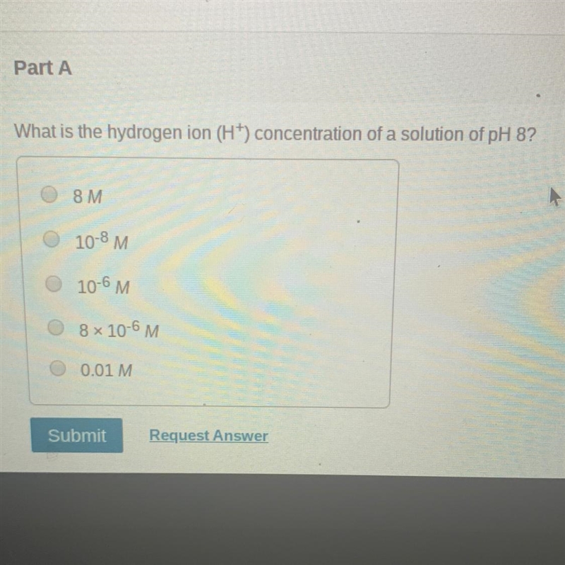 What is the hydrogen ion (H+) concentration of a solution of pH 8?-example-1