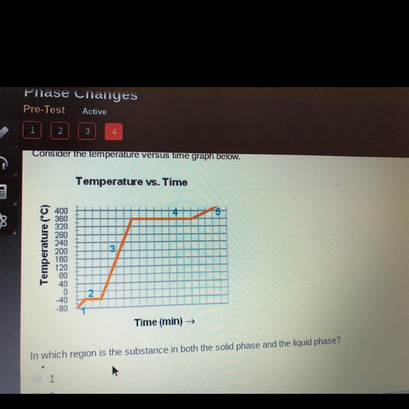 Consider the temperature versus time graph below. I which region is the substance-example-1