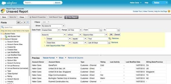 An app builder has created a report for sales people to view records from the custom-example-1