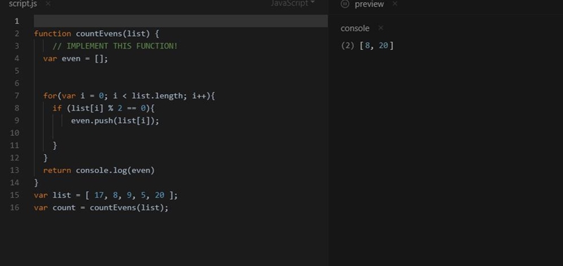 Write a function named countEvens that counts and returns the number of even integers-example-1