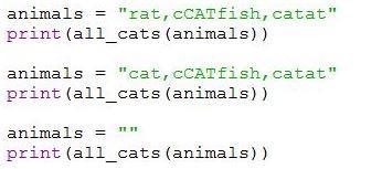 Write a function all_cats that consumes a comma-separated string of animals and prints-example-2