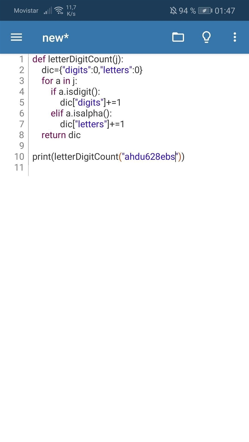 write a python function that takes string j and returns a dictionary showing number-example-1