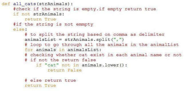 Write a function all_cats that consumes a comma-separated string of animals and prints-example-1