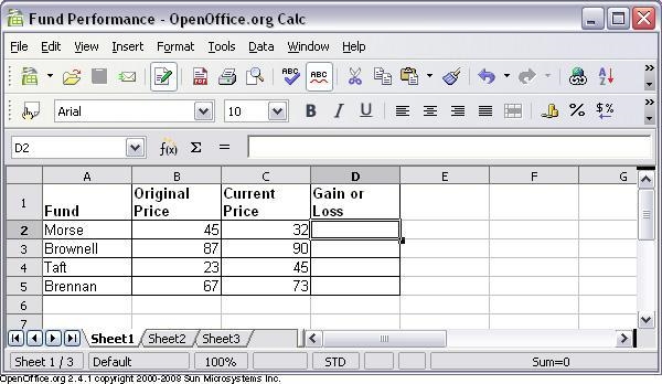 Which formulas inserted into column D would calculate the gain or loss of each fund-example-1