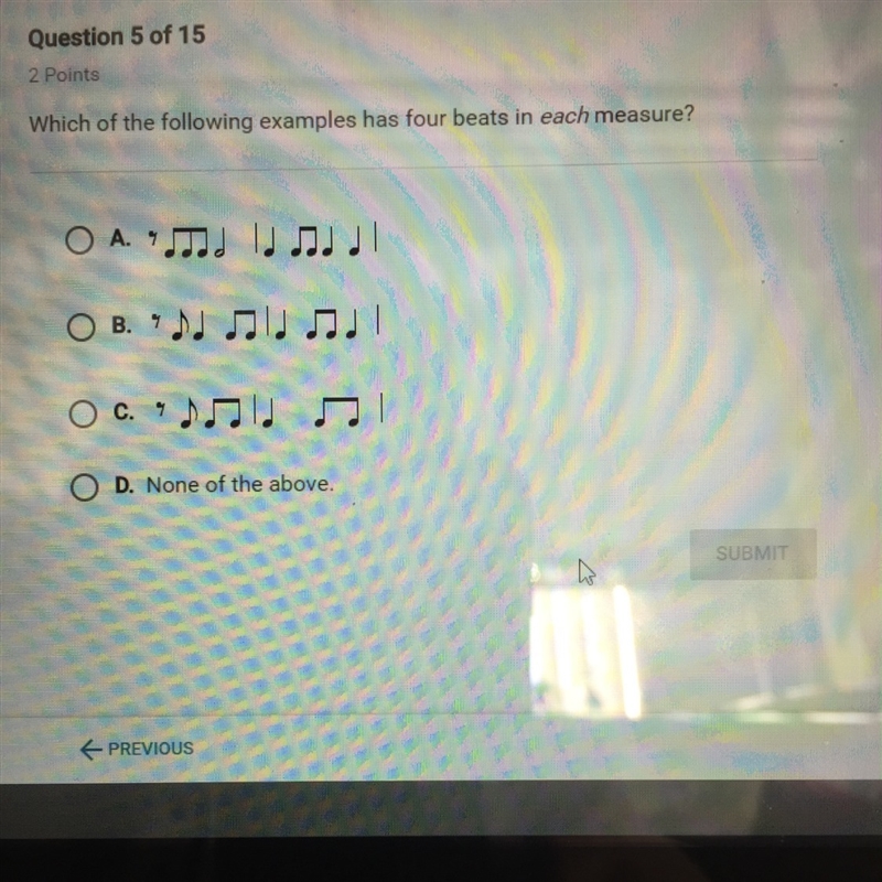 Which of the following examples has four beats in each measure?-example-1