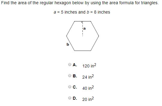 Find the area of the regular hexagon below by using the area formula for triangles-example-1