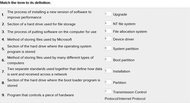 Please help Match the term to its definition. 1 . NT file system The process of installing-example-1