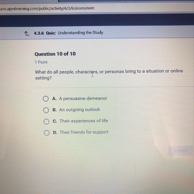 What do all people, characters, or personas bring to a situation or online setting-example-1