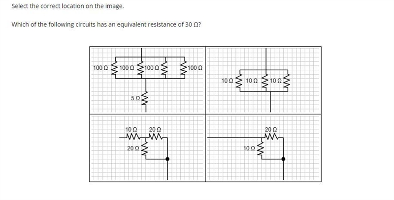 Which of the following circuits has an equivalent resistance of 30 Ω?-example-1