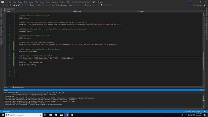 C++ what is wrong with my equation? int AnswerNum = (((OriginalNum * 2) * 100) + OriginalNum-example-1