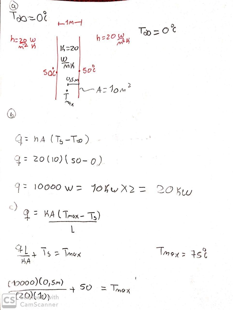 A 10 m^2 plane-wall with a thickness of 1m dissipates heat to ambient air through-example-1