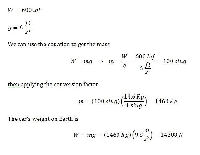 A car weighs 600 lbf on a planet where the gravitational acceleration is 6 ft/s^2. What-example-1