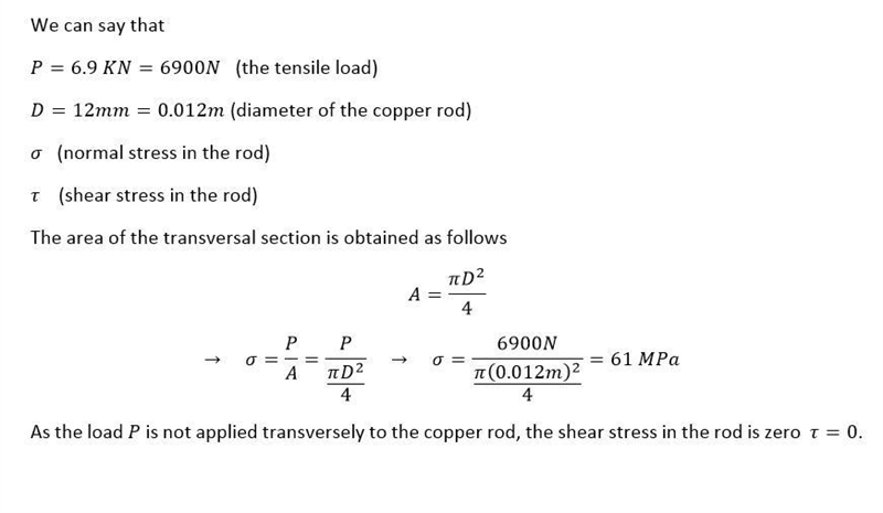 A tensile load of 6.9 kN is applied on a copper rod with diameter of 12 mm. (a) What-example-1