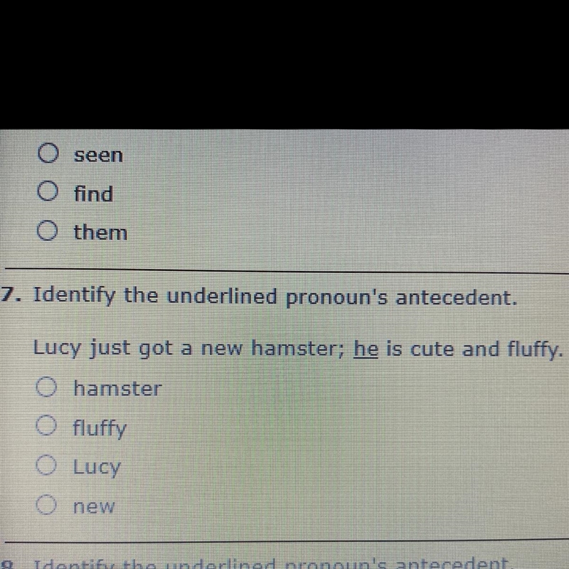 Identify the underlined pronouns antecedent. Lucy just got a new hamster; he is cute-example-1