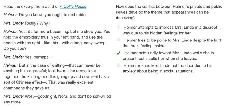 How does the conflict between Helmer’s private and public selves develop the theme-example-1