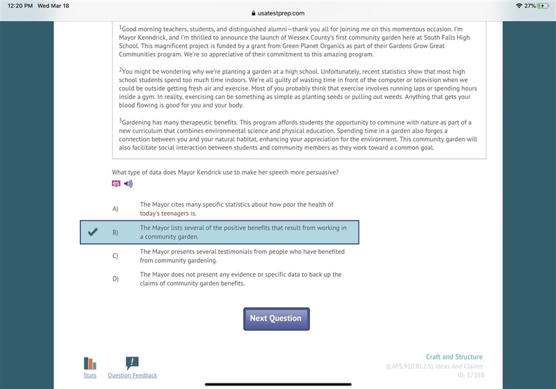 What type of data does mayor Kendrick used to make her speech more persuasive?-example-1